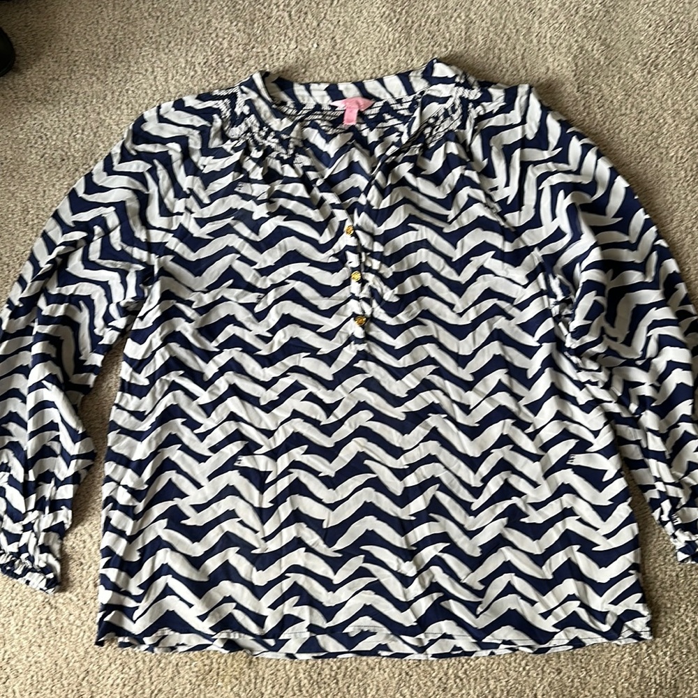 LILLY PULITZER silk ELSA blouse blue & white size XL
